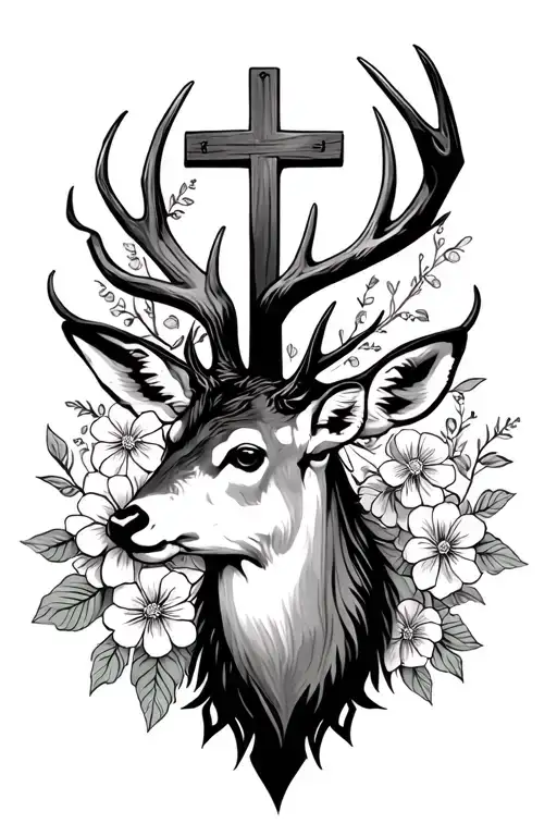 Deer Head With Cross And Flowers