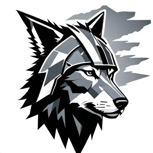A Geometric Wolf Wearing A Spartan Helmet Looking To The Right With A Storm Behind Him