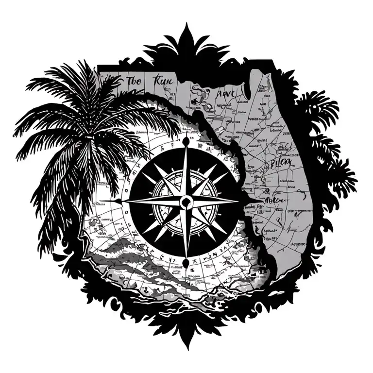 State Of Florida Nautical Chart With Palm Trees And Compass Rose