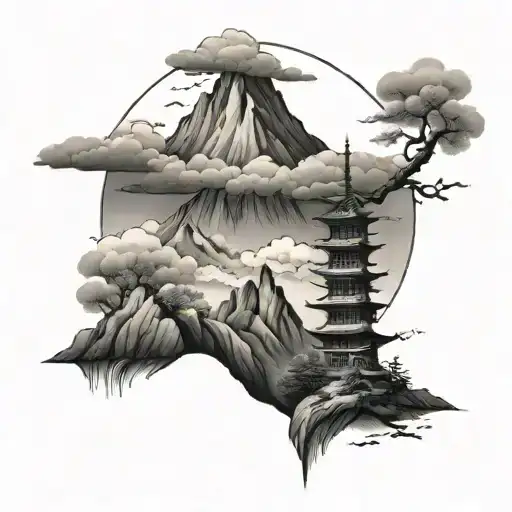 Japanese Tower And Mountain Range