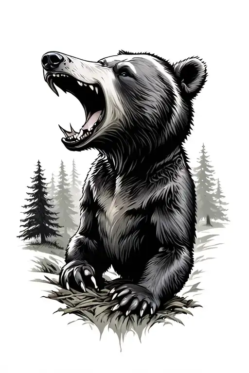 Bear Growling With Forest In The Background