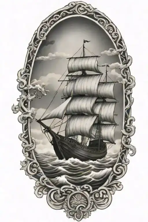 Viking Ship Sailing Through Stormy Sea With Oak Trees