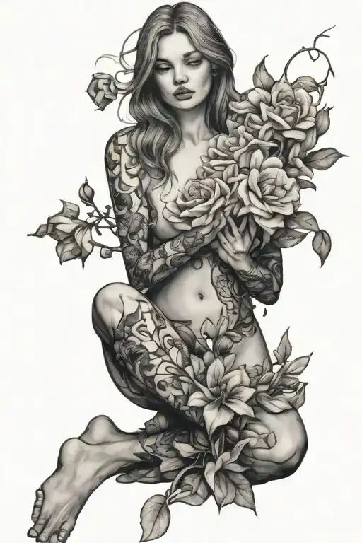 Nude Woman Sitting Cross Legged Wrapped In Line Flower Bouquet