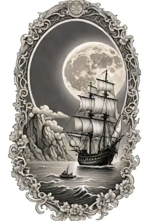 Ship Sailing Towards Bright Shining Full Moon With Cliffs And Oak Tree