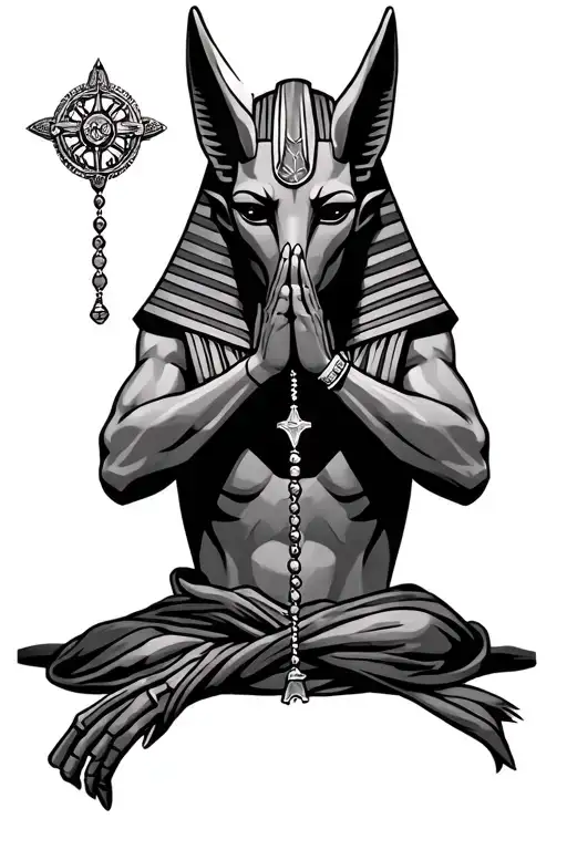 Front Facing Praying Anubis Holding Rosary Wrapped