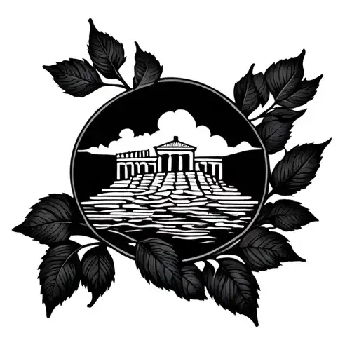 Greece Landscape Fineline Tattoo With Leafs