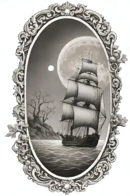 Ship Sailing Towards Bright Shining Full Moon With Cliffs And Oak Tree