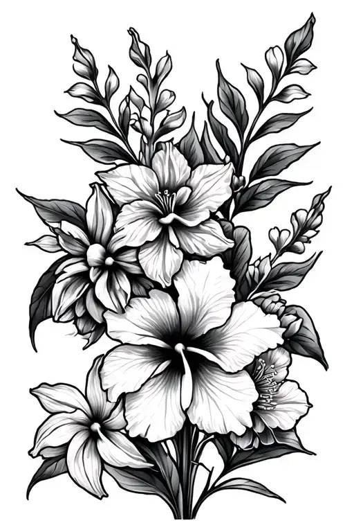 Daffodils And Hibiscus Flower Large Black Leaves Detailed