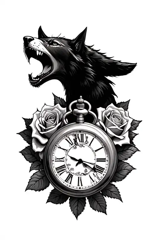 Pocket Watch Roses And Wolf Snarling