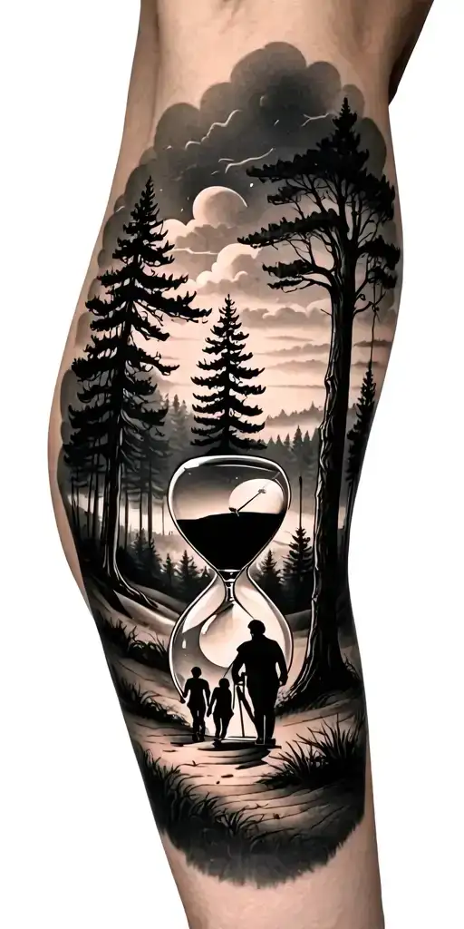 Beautiful Forest Scene With Black Sky With Family Walking And Golf Course And Hour Glass