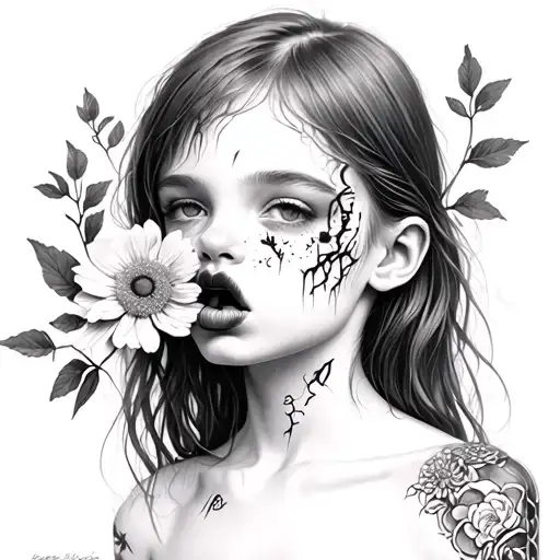 Girl With Scars On Her Face And Collarbone With Flowers Growing Out Of Her Mouth