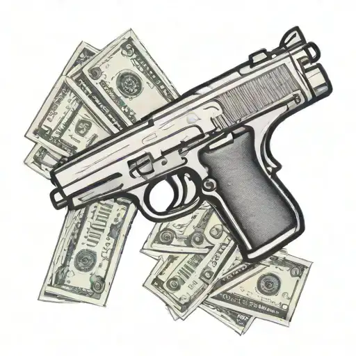 A Stack Of Money Bills Forming The Shape Of A Gun Surrounded