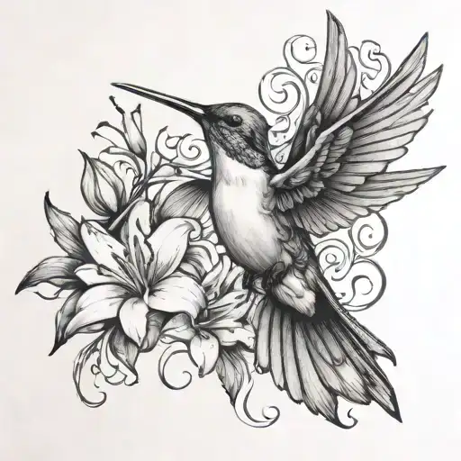 Humming Bird With Lily Of The Valleys And Hawthorns