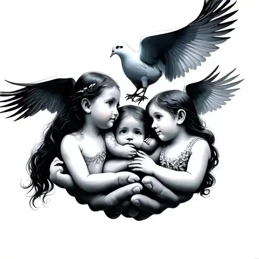 5 Children And 3 Doves In Hands With