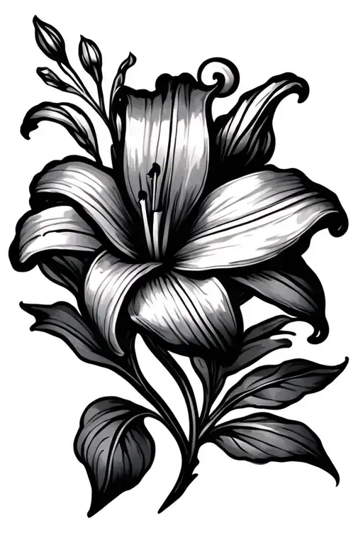 Lily Flower With Stem Leaves And Swirls