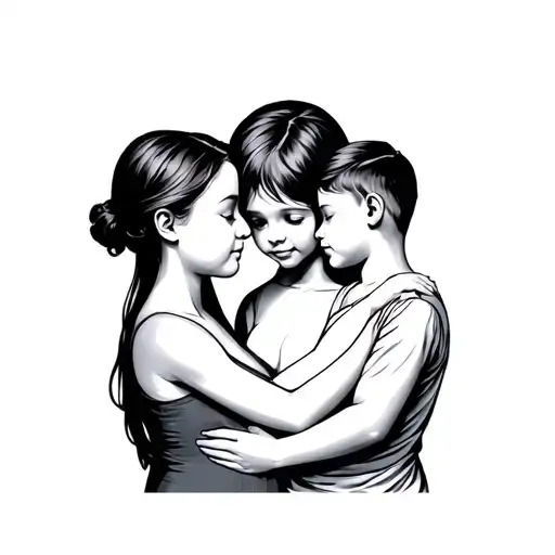 Mother Hugs 2 Sons And 1 Daughter