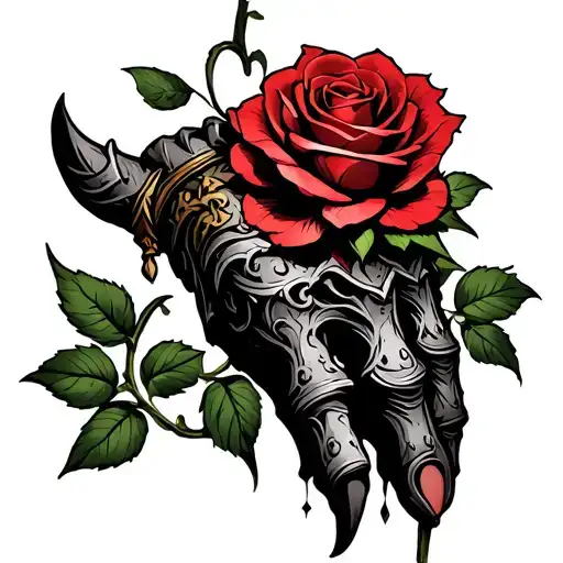 Damaged Medieval Gauntlet Holding A Rose