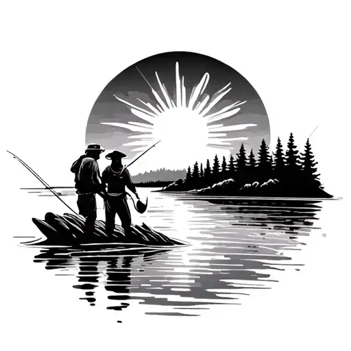 Two People Fishing At A River Bend Towards The Sun