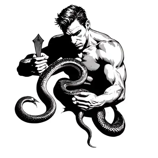 A Man Holding A Snake Preparing To Stab It