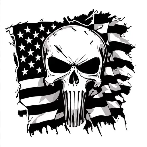 Tattered Punisher Skull In Front Of American Flag