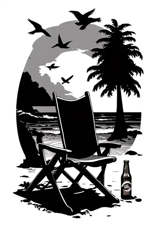 Folding Chair At The Beach With A Beer Bottle Under Some Trees With Birds