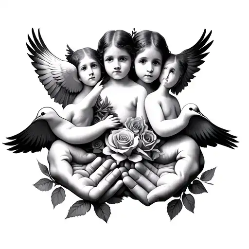5 Children And 3 Doves In Hands With Roses