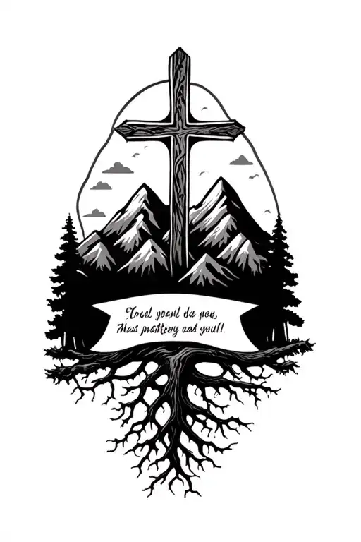 Cross With Strong Roots Resembling Family And Mountains With A Bible Verse