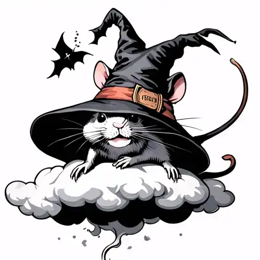 A Rat On A Cloud In A Witch's Hat With A Bill In Its Paw
