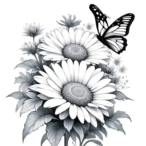 Daisy And Chrysanthemum With Butterfly Minimalist Tattoo Design