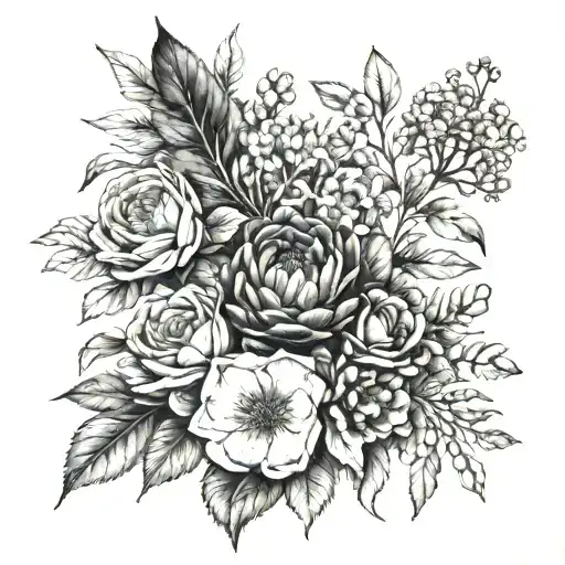 A Black And Grey Tattoo Of A Botanical Illustration Showcasing Various Types Of Plants And Flowers