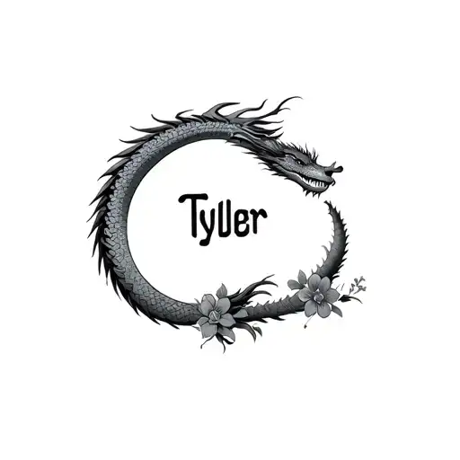 Tyler With An R Turning Into An Asian Dragon That Go Around The Word Tyler With Some Flowers