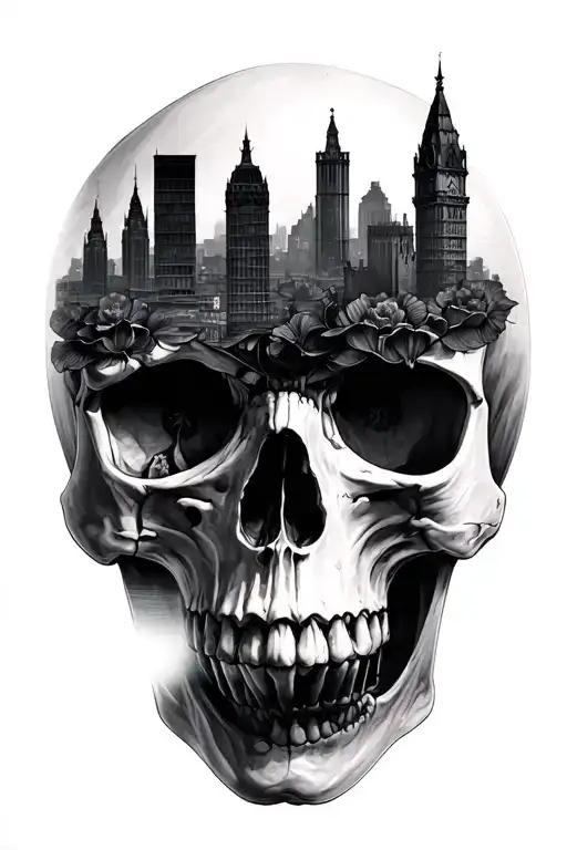 Double Exposured Skull With Victorian City Skyline