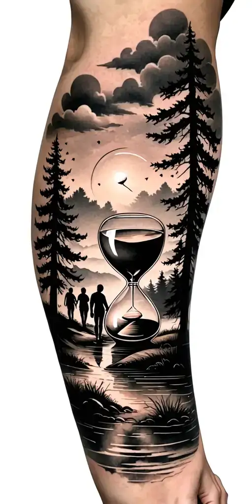 Beautiful Forest Scene With Black Sky With Family Walking And Golf Course And Hour Glass