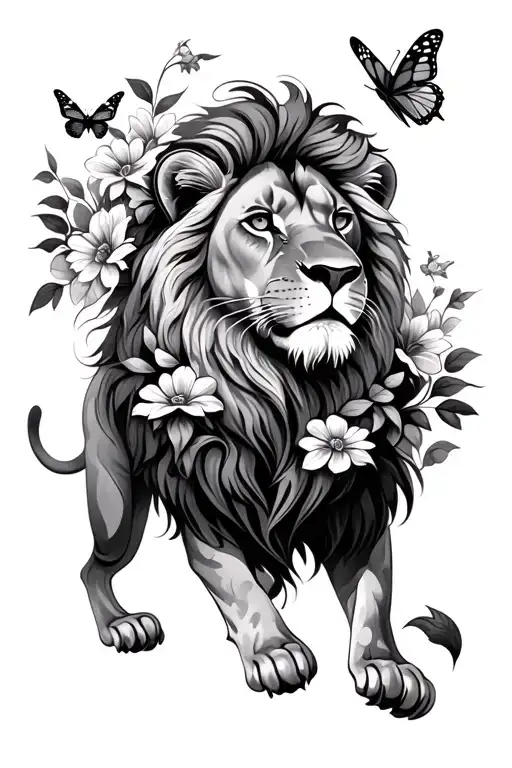 Lion With Flowers And Butterflies Flying