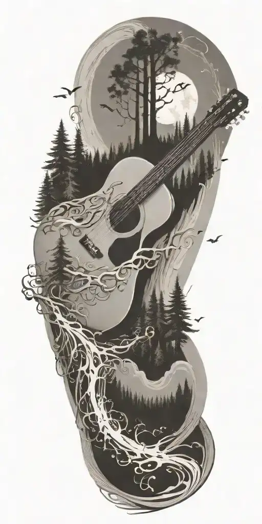 A River Winding Through A Forest With A Guitar And Music Notes Floating Above