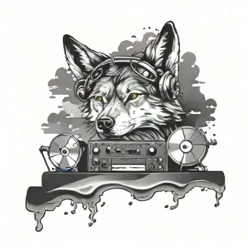 A Dj Booth With A Wolf Dj Mixing Music Under A Stormy Sky