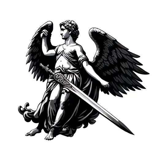 Greek Angel With Feathery Wings Holding A Sword