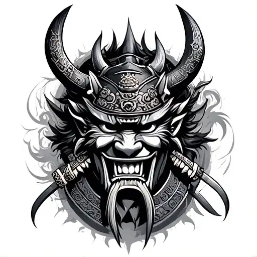 Samurai And Demon Mask Surrounded