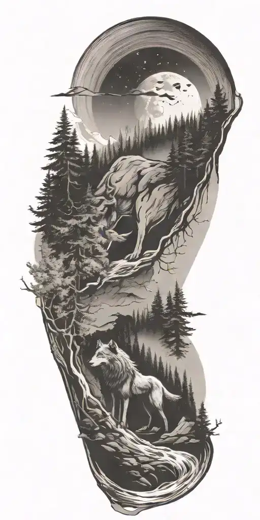 A River Winding Through A Forest Leading To Mountains With Wolf
