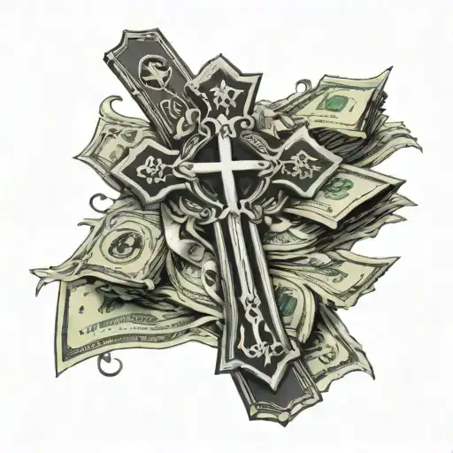 A Cross Surrounded By Money And Dollar Sings