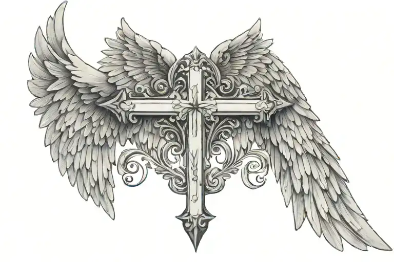 Angel Wings With A Cross And Two Names On Each Wing
