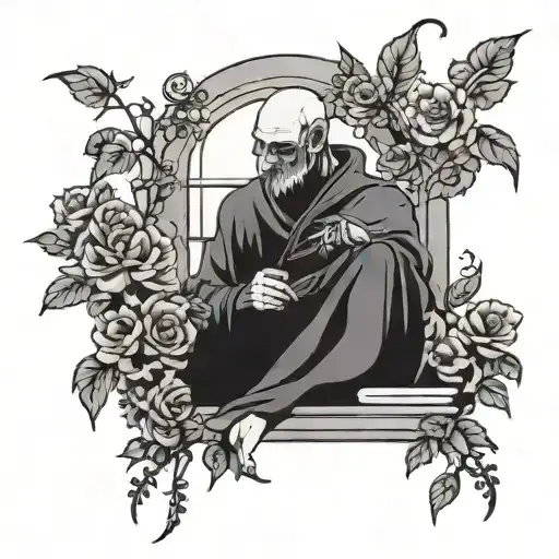 A Library Scene With A Mysterious Figure Surrounded By Blooming Black Roses