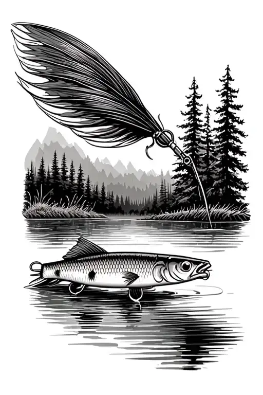 Fly Fishing Lure With River And Lake Scene