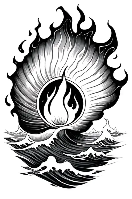 Small Black And White Tattoo Mostly Outlined With Open Shell A Flame Inside Over A Wave Of The Ocean