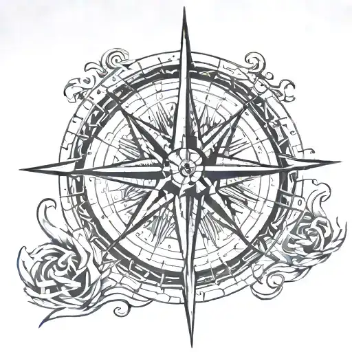 A Black-grey Tattoo Of A Compass Rose With Fishing Hooks As The Cardinal Directions