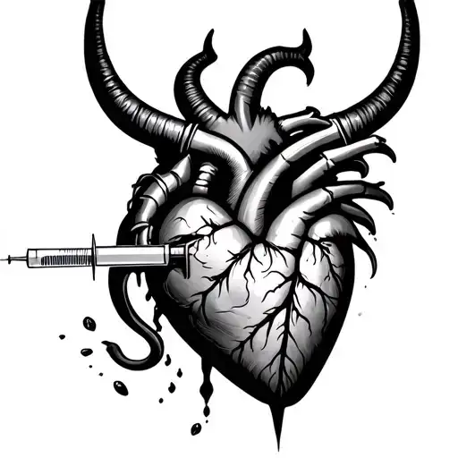 Devil Comi G Out Of A Syringe Connected To Heart