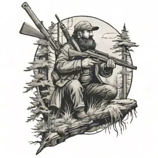 A Black And Grey Tattoo Of A Hunter With A Rifle In A Forest Setting