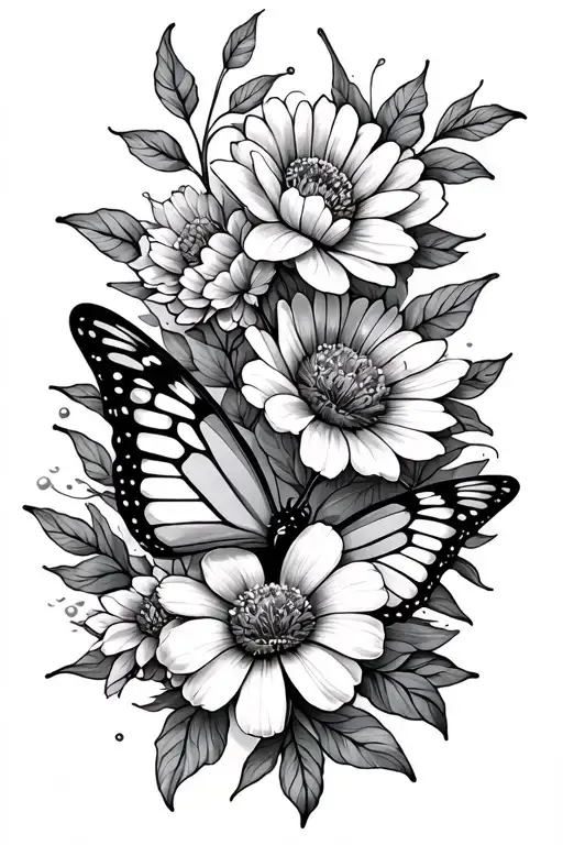 Butterfly With Sept And June Flowers Tattoo Design