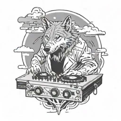 A Dj Booth With A Wolf Dj Mixing Music Under A Stormy Sky