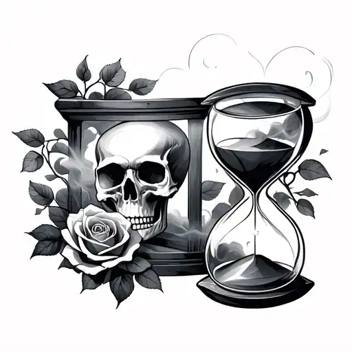 A Skull -Like Fog Before A Hourglass With Rose
